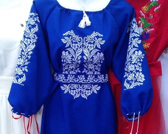 Beautiful embroidered dress. Handmade blue linen dress. Ethno Folk dress for woman. Gift for her, woman. Ukrainian Boho dress. Vyshyvanka