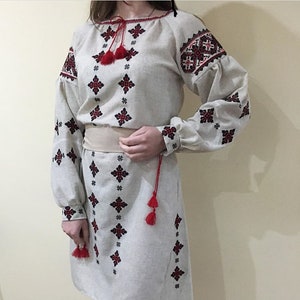 Beautiful embroidered dress. Handmade gray linen dress. Ethno Folk dress for woman or girl. Gift for her. Ukrainian Boho dress. Vyshyvanka