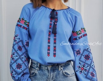 Blue Linen Vyshyvanka | Ukrainian Embroidered Blouse | Gift For Her | Beautiful Blue Linen Blouse | Ethno Folk Boho Shirt for Women |