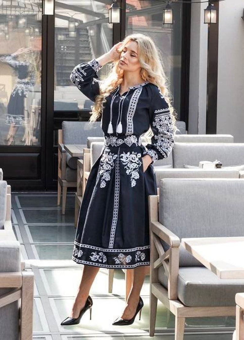 Beautiful Embroidered Dress. Blue Natural Linen Dress. Ethno Etsy