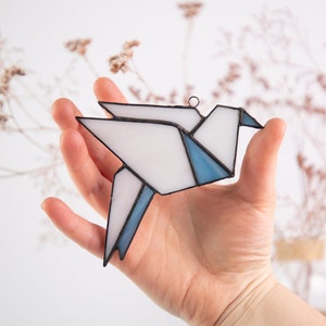 Stained glass origami pigeon suncatcher - Geometric glass window hanging - White Dove glass ornament - Bird lover gift - Mother's Day gift