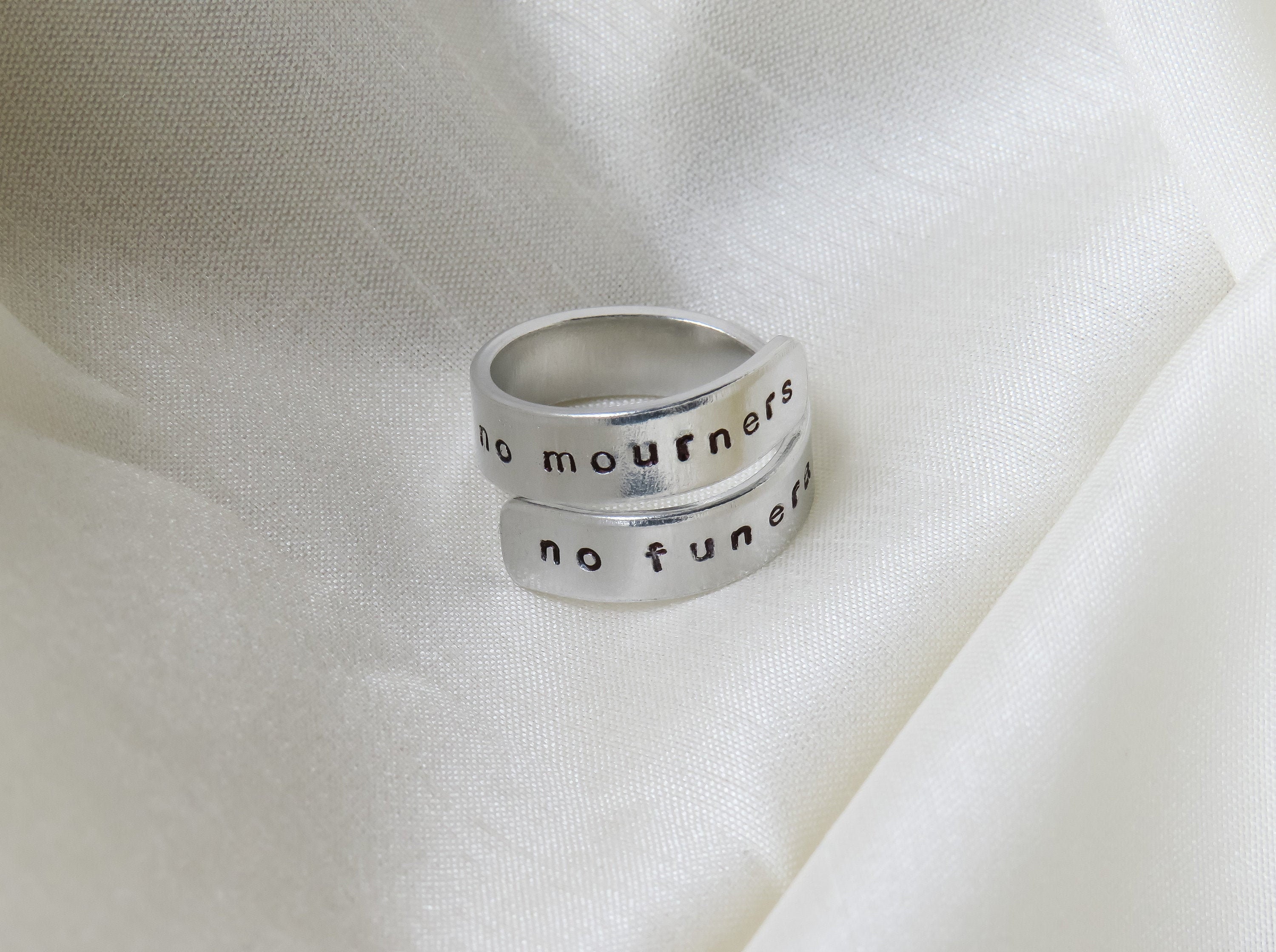 No Mourners No Funerals Hand Stamped Adjustable Aluminium Ring