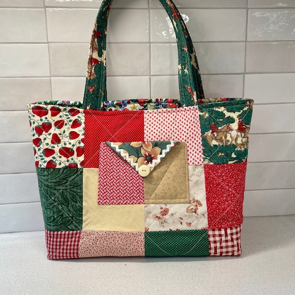 Strawberry Quilted Patchwork Tote Bag with Rickrack Trim, Three Pockets and Optional Magnetic Snap Closure