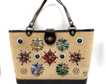 Enid Collins Jewel Bokay Bag, Vintage Blue Floral Canvas Tote AS
