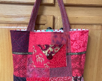 Cupid Quilted Patchwork Tote Bag with Ribbon Trim, Three Pockets and Optional Magnetic Snap Closure