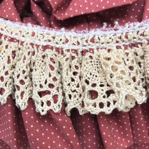 Rose polka dot ruffled trim with ecru crochet lace