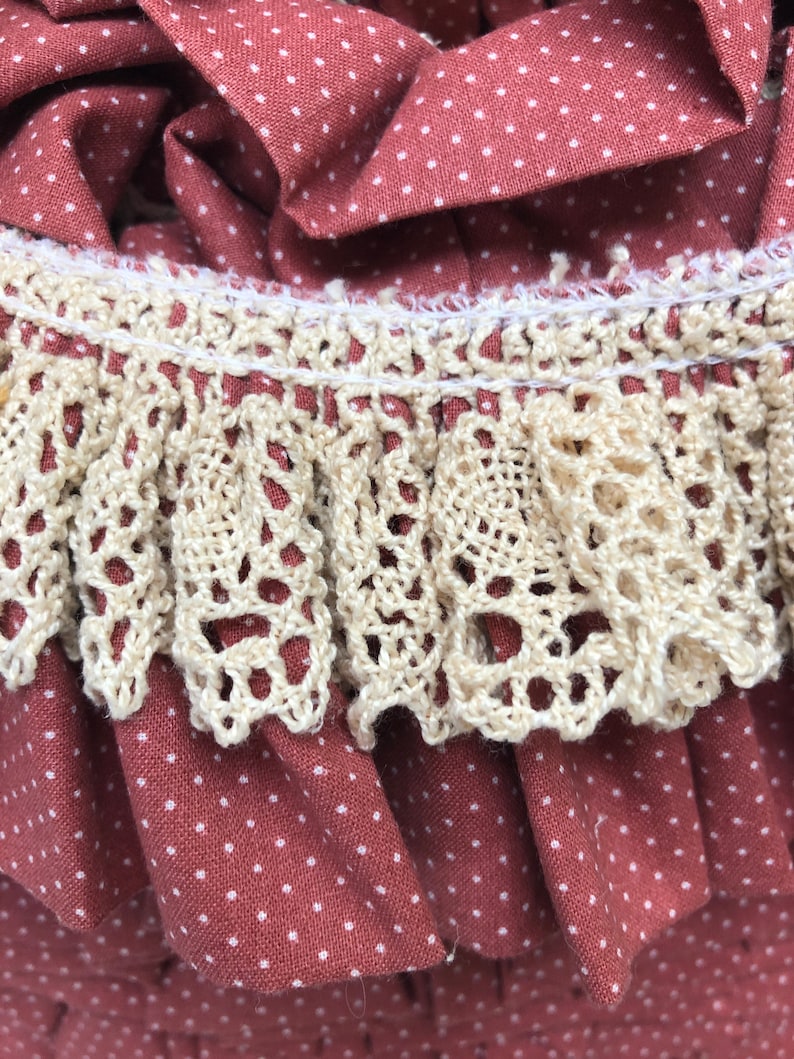Rose polka dot ruffled trim with ecru crocheted lace