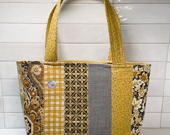 Black & Gold Quilted Tote Bag, Fully Lined with Two Interior Pockets and Optional Magnetic Snap Closure