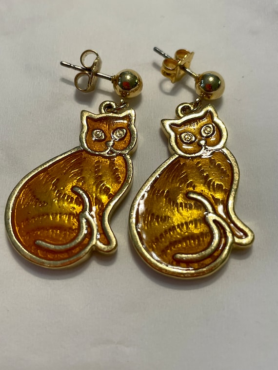 Golden Enamel Cat Earrings; Orange Tabby Cat Earri