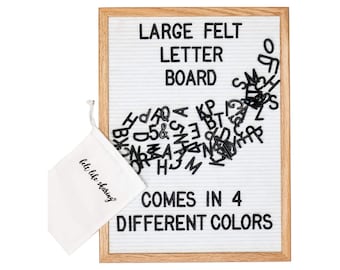 White Handmade Felt Letter Board Set with Wood Oak Frame 12x16 inches - Comes with 348 One Inch Black Letters and Canvas Bag