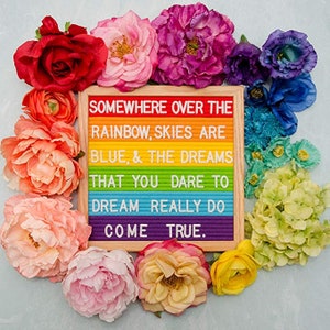 May include: A rainbow letter board with the quote "Somewhere over the rainbow, skies are blue, & the dreams that you dare to dream really do come true."