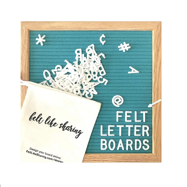 Teal Handmade Felt Letter Board Set with Wood Oak Frame 10x10 inch - Comes with 300 3/4 Inch White Letters and Canvas Bag