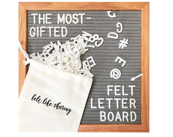 Gray Handmade Felt Letter Board Set with Wood Oak Frame 10x10 inch - Comes with 300 3/4 Inch White Letters and Canvas Bag