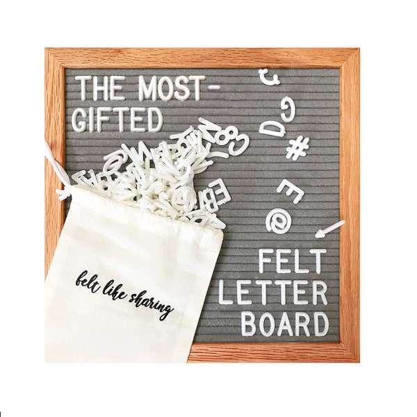 Gray Handmade Felt Letter Board Set with Wood Oak Frame 10x10 inch - Comes with 300 3/4 Inch White Letters and Canvas Bag
