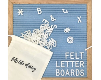 Light Blue Handmade Felt Letter Board Set with Wood Oak Frame 10x10 inch - Comes with 300 3/4 Inch White Letters and Canvas Bag