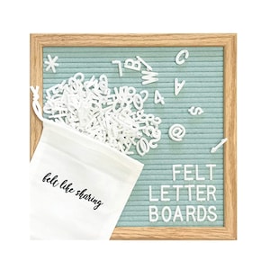 Light Seafoam Green Handmade Felt Letter Board Set with Wood Oak Frame 10x10 inch - Comes with 300 3/4 Inch White Letters and Canvas Bag