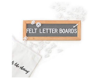 Gray Handmade Felt Letter Board Set with Wood Oak Frame 10x3.5 inch - Comes with 150 3/4 Inch White Letters and Canvas Bag