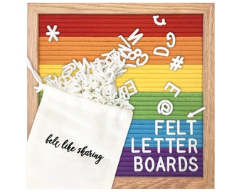 Rainbow Handmade Felt Letter Board Set with Wood Oak Frame 10x10 inch - Comes with 300 3/4 Inch White Letters and Canvas Bag