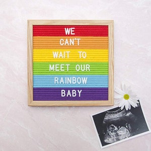 May include: A rainbow letter board with the message "WE CAN'T WAIT TO MEET OUR RAINBOW BABY". A black and white ultrasound image is below the board.