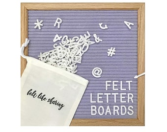 Lavender Handmade Felt Letter Board Set with Wood Oak Frame 10x10 inch - Comes with 300 3/4 Inch White Letters and Canvas Bag