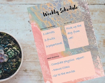 Weekly Schedule, to do list, grocery shopping list organizer, pink printable planner, digital download