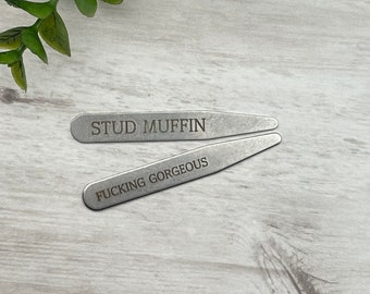 Engraved Stainless Steel Collar Stays - Personalized Gift for Him