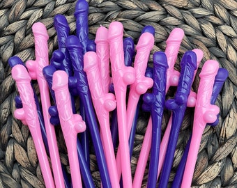 Pink and Purple Penis Straws, Set of 20 Penis Straws, Bachelorette Party Decor