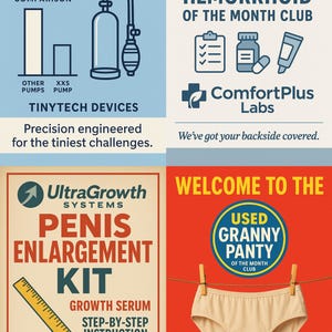 May include: Image with text and product illustrations. Includes an extra small penis pump, penis enlargement kit, and used granny panty of the month club. The text includes "Thank you for your purchase" and "Get ready... big things are coming!"