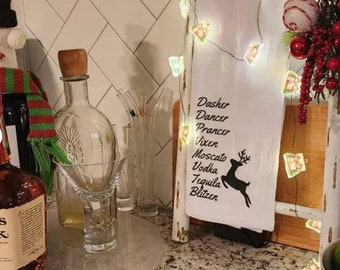 Funny Christmas Kitchen Towel/Rag, Reindeer And Alcohol Towel, Drinking Christmas Towel