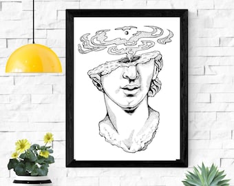 Impresión de arte digital, soñador, dibujo de surrealismo oscuro, obra de arte gótica en blanco y negro, descarga instantánea imprimible, decoración de la pared de la galería del hogar