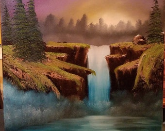 Oil painting landscape, waterfall, sunset, original painting