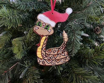 Handpainted Handmade Unique Funny Personalizable Christmas Rattlesnake in a Santa Hat Ornament