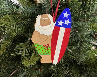 Handpainted Handmade Personalizable Santa Doing Hawaiian Shaka Hand Sign With Surfboard Christmas Ornament