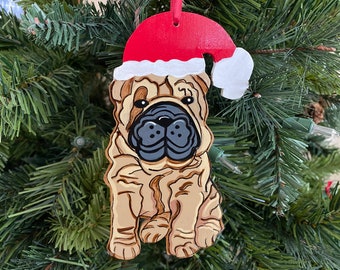 Handpainted Handmade Personalizable Cute Funny Wrinkly Shar Pei Dog with Santa Hat Christmas Ornament