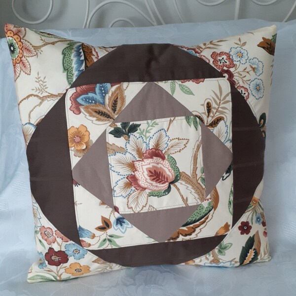 Quilted Pillow Cover, Throw Pillow Cover 16" x 16", floral pattern with brown and beige solid colours , pillow cover, envelope style back