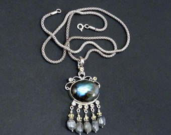 Labradorite Necklace 925 Labradorite Sterling Silver - Labradorite Pendant - Labradorite Necklace for Women - Labradorite Long Necklace, B2