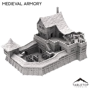 May include: A gray 3D printed model of a medieval armory building with a stone wall and a wooden gate. The building has a tower with a roof and a chimney. There are several windows and doors on the building. The building is surrounded by a stone wall with a wooden gate. The model is designed for tabletop gaming.