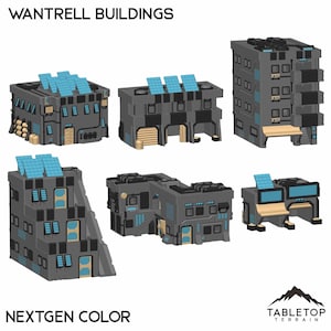 May include: A collection of NextGen Color miniature buildings. The buildings are primarily gray with blue accents and solar panels on the roofs. The text "WANTRELL BUILDINGS" and "NEXTGEN COLOR" are visible.