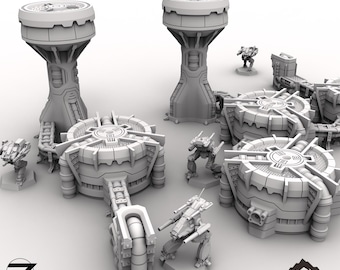Puede incluir: Un modelo impreso en 3D de una granja de tanques futurista con múltiples edificios y vehículos. Los edificios son grises y tienen un diseño detallado. Los vehículos también son grises y tienen un diseño futurista. El modelo está etiquetado como "TANK FARM" y "TABLETOP TERRAIN".