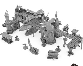 Puede incluir: Un modelo de puesto avanzado pirata impreso en 3D gris con un barco, edificios y pasarelas. El modelo está diseñado para juegos de mesa.