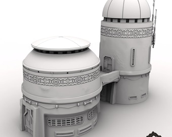 Op de afbeelding: Een paar lichtgrijze, futuristisch ogende structuren, getiteld "THE PAIRED BASTIONS." Eén is een koepelvormige toren, de andere een rond gebouw. Beide hebben gedetailleerde architectonische elementen en zijn verbonden door een brug. Het Tabletop Terrain logo is zichtbaar.