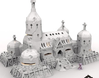 May include: A detailed, gray model of a fortified church with the text "FORTIFIED TRENCH CHURCH" at the top. The model features multiple domes, crosses, and a trench-like structure around the base. The tabletop terrain model has a weathered appearance.