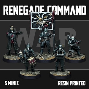 Może przedstawiać: Pięć żywicznych figurek w czarnych mundurach i hełmach, każda z maską gazową. Jedna z figurek trzyma flagę z czaszką i skrzyżowanymi piszczelami. U góry widnieje napis "RENEGADE COMMAND".
