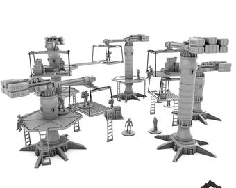 Op de afbeelding: Een set van grijze 3D-geprinte industriële kraanmodellen. De kranen hebben verschillende configuraties en zijn ontworpen voor tabletop-gaming. De set bevat meerdere kranen, platforms en ladders.