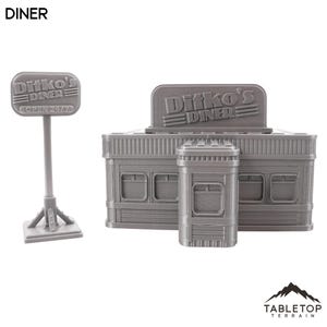 Puede incluir: Un modelo de plástico gris de un restaurante con un letrero que dice "Ditko's Diner" y un letrero separado que dice "Ditko's Diner Abierto 24/7".