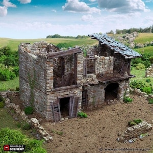 May include: A ruined stone building with a collapsed roof. The building has a wooden door and windows. The building is surrounded by dirt and grass.