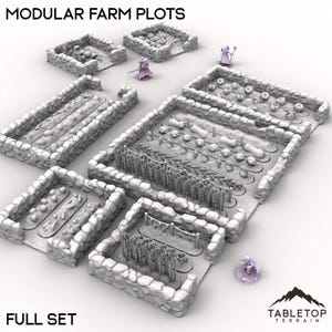 May include: A full set of modular farm plots, featuring various crops and stone walls. The image includes the text "MODULAR FARM PLOTS" and "FULL SET". Miniature figures are also present, enhancing the scene's detail.