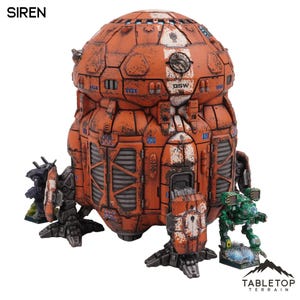 May include: An orange and white futuristic structure with a domed top and a weathered appearance. The structure has a series of panels and details, with the text "GSW" visible. Two miniature robots stand nearby. The word "SIREN" is at the top left.