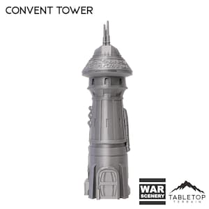 Puede incluir: Un modelo gris de la Torre Convent para juegos de mesa. La torre tiene un diseño detallado con una parte superior en forma de cúpula, múltiples niveles y elementos arquitectónicos. El texto "CONVENT TOWER" está en la parte superior. La base tiene un diseño de puerta.
