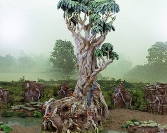May include: A detailed model of a large, gnarled tree with a thick trunk and many branches. The tree is covered in moss and has a variety of mushrooms growing on it. The base of the tree is surrounded by roots and there is a small pool of water in front of it.
